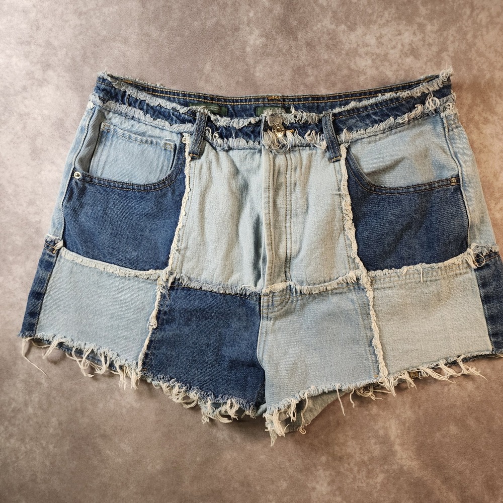 Wild Fable Patchwork Denim Shorts Size 14 Blue High Rise Cutoff Frayed Cotton